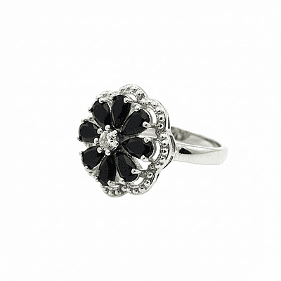 Stunning Flower Cluster Ring with Black Gemstones