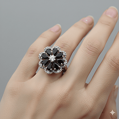 Stunning Flower Cluster Ring with Black Gemstones