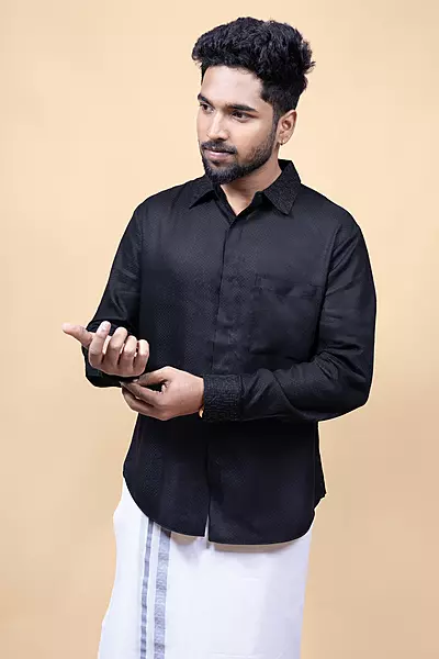 Men's Full Sleeve Embroidered Shirt - Black