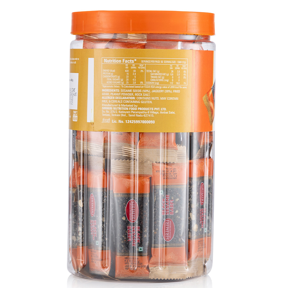 SIRIMIRI Black Sesame Barfi Jar of 50 pieces, 15g Each Piece