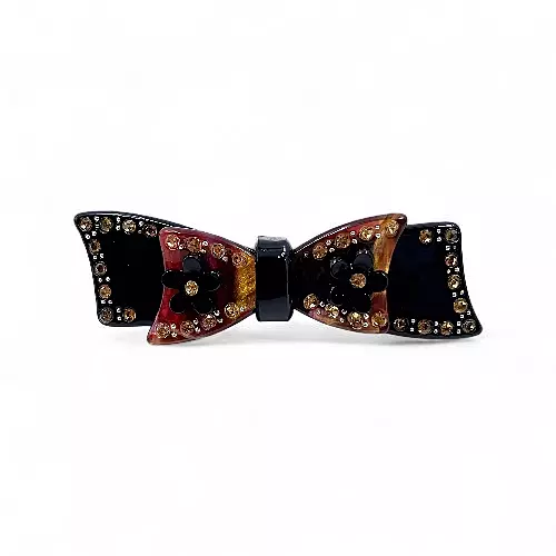 Elegant Black and Amber Bow Crystal Hair Barrette Clip