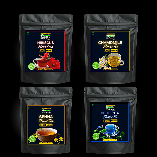 Herbal Tea Combo Pack – Hibiscus (50g), Blue Pea (30g), Senna (30g), Chamomile (30g) | 100% Natural & Caffeine-Free