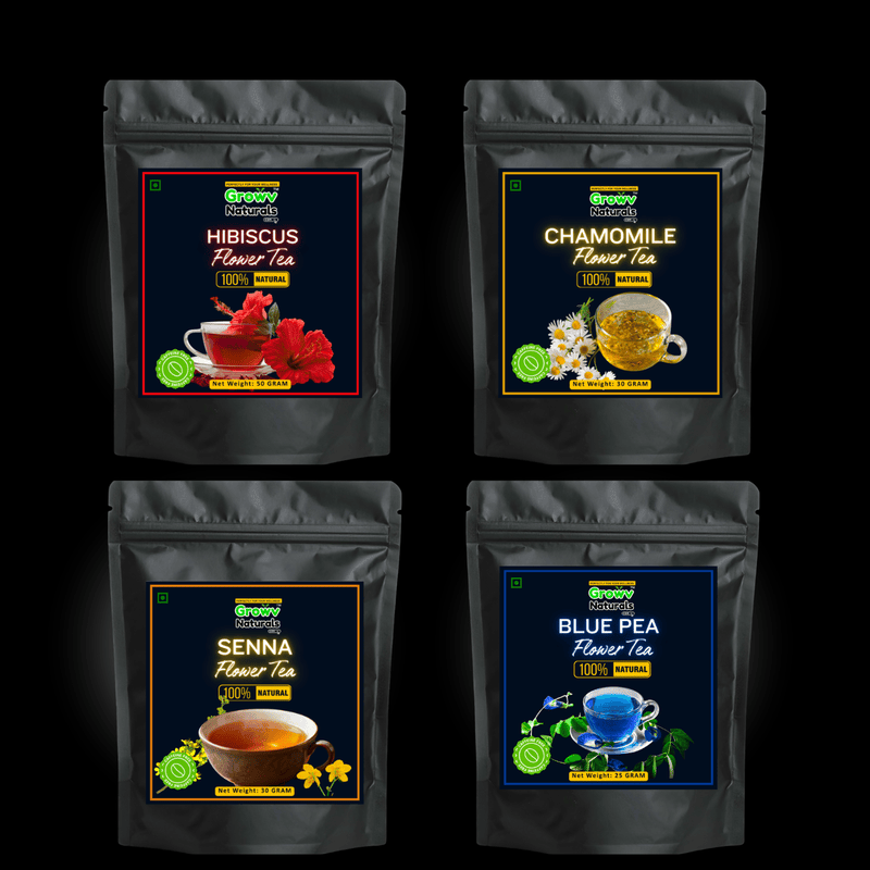 Herbal Tea Combo Pack – Hibiscus (50g), Blue Pea (30g), Senna (30g), Chamomile (30g) | 100% Natural & Caffeine-Free