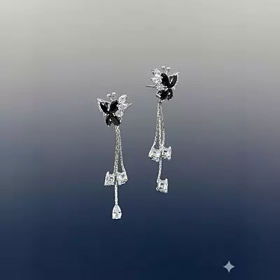 Black Butterfly Drop Earrings | Cubic Zirconia Dangle Earrings