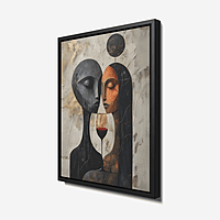 Abstract Couple Wine Art – Modern Face Silhouette Textured Painting Wall Decor