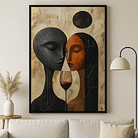 Abstract Couple Wine Art – Modern Face Silhouette Textured Painting Wall Decor