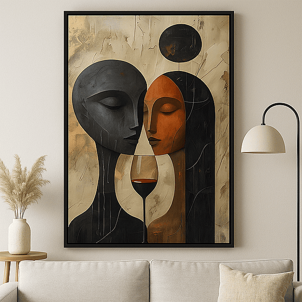Abstract Couple Wine Art – Modern Face Silhouette Textured Painting Wall Decor