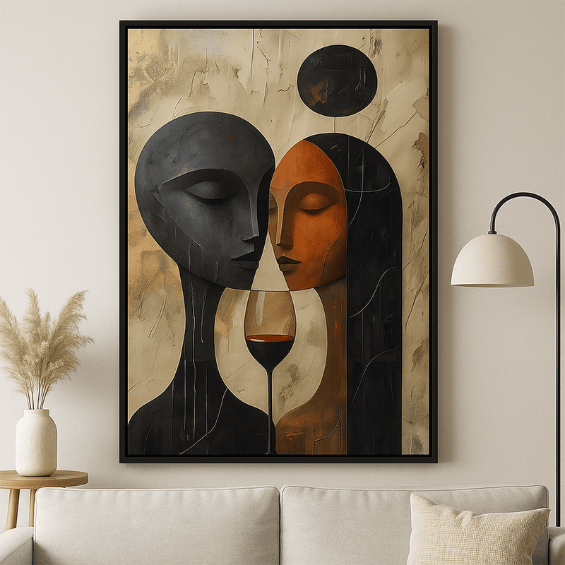 Abstract Couple Wine Art – Modern Face Silhouette Textured Painting Wall Decor