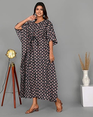 Block Printed Soft Cotton Kaftan-Black-1