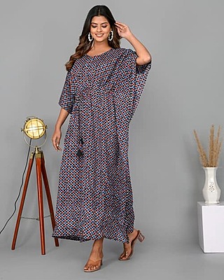 Block Printed Soft Cotton Kaftan-Black-2