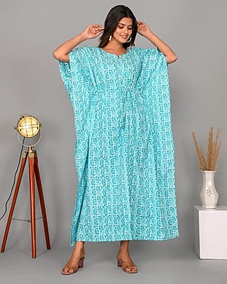Block Printed Soft Cotton Kaftan-Blue-1