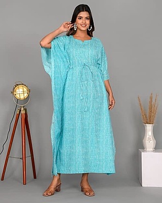 Block Printed Soft Cotton Kaftan-Blue-2
