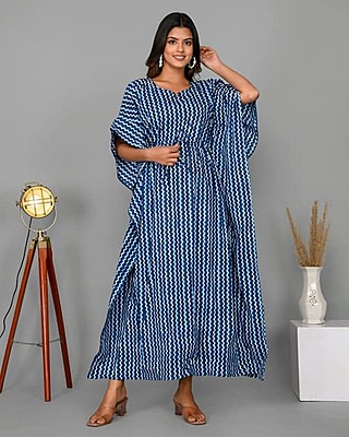 Block Printed Soft Cotton Kaftan-Indigo-2