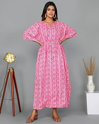 Block Printed Soft Cotton Kaftan-Pink-1