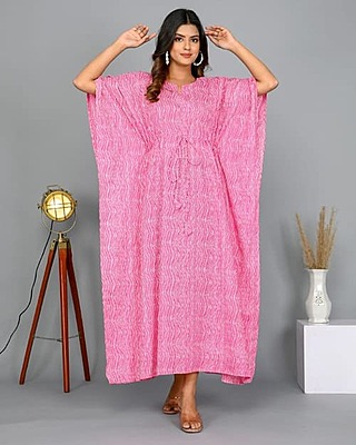 Block Printed Soft Cotton Kaftan-Pink-2