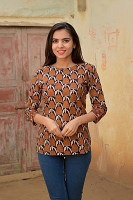 Block Printed Top-Brown-6