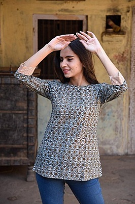 Block Printed Top-Brown-8