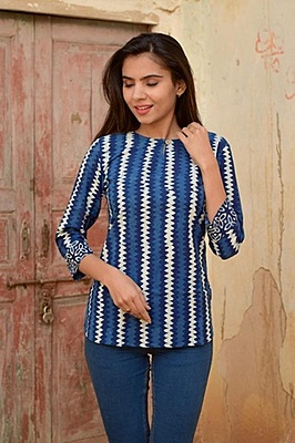 Block Printed Top-Indigo-1