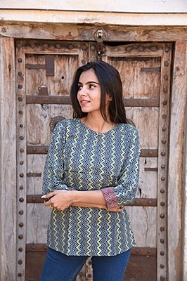 Block Printed Top-Indigo-3
