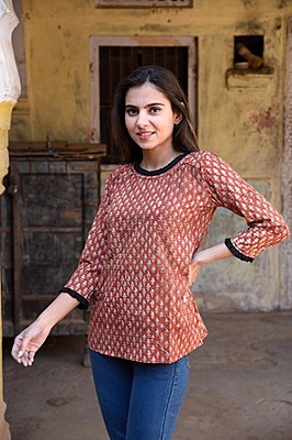 Block Printed Top-Rust-11