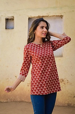 Block Printed Top-Rust-3