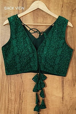 Chikan Sequins Blouse with cotton lining-BottleGreen-Back