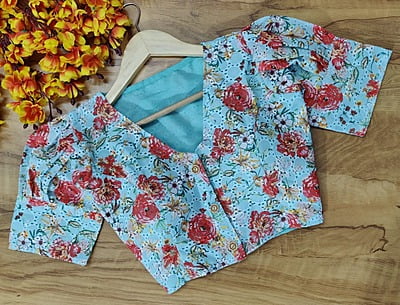 Hakoba Printed Blouse with cotton lining-Blue-Front