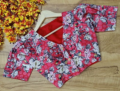 Hakoba Printed Blouse with cotton lining-Red-Front