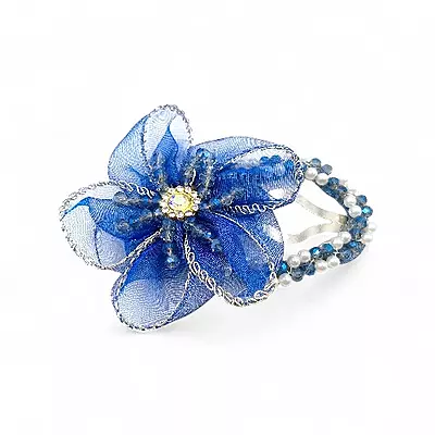 Elegant Blue Floral Beaded Organza Hair Clip