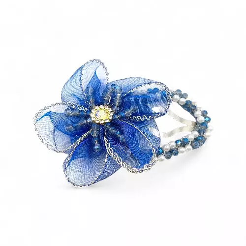 Elegant Blue Floral Beaded Organza Hair Clip
