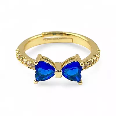 Gold-Plated Adjustable Butterfly Bow Ring - Blue Zircon