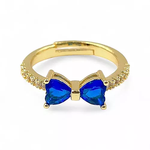 Gold-Plated Adjustable Butterfly Bow Ring - Blue Zircon