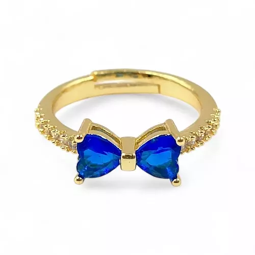 Gold-Plated Adjustable Butterfly Bow Ring - Blue Zircon