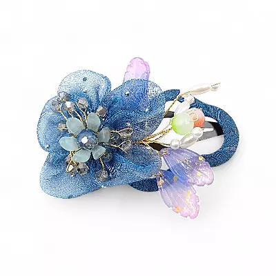 Elegant Blue Floral Beaded Organza Snap Clip