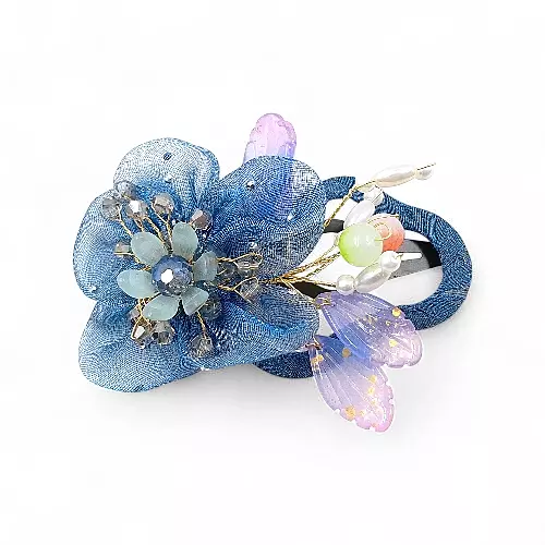 Elegant Blue Floral Beaded Organza Snap Clip