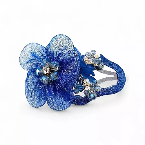 Elegant Blue Floral Beaded Organza Snap Hair Clip