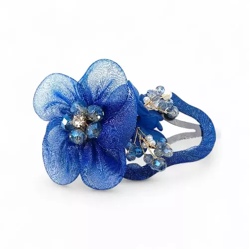 Elegant Blue Floral Beaded Organza Snap Hair Clip