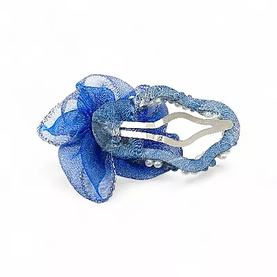 Elegant Blue Floral Beaded Organza Hair Clip