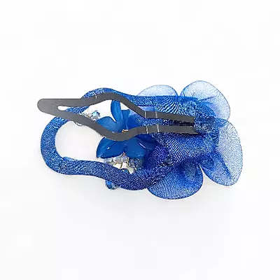 Elegant Blue Floral Beaded Organza Snap Hair Clip