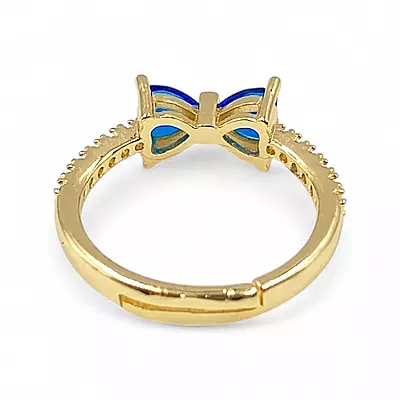 Gold-Plated Adjustable Butterfly Bow Ring - Blue Zircon