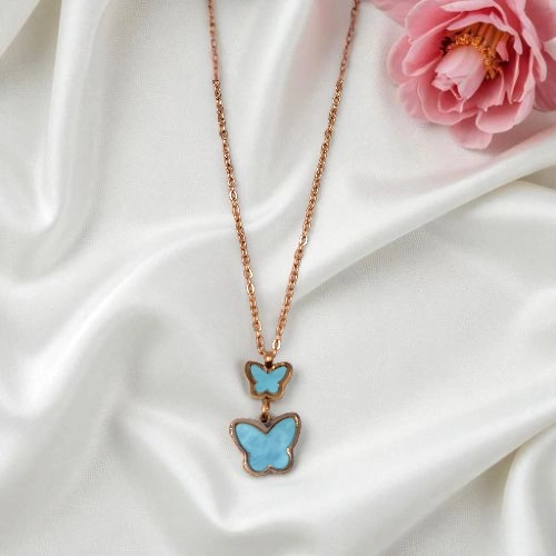 Elegant Rose Gold Butterfly Necklace with Blue Inlay