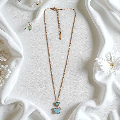 Elegant Rose Gold Butterfly Necklace with Blue Inlay