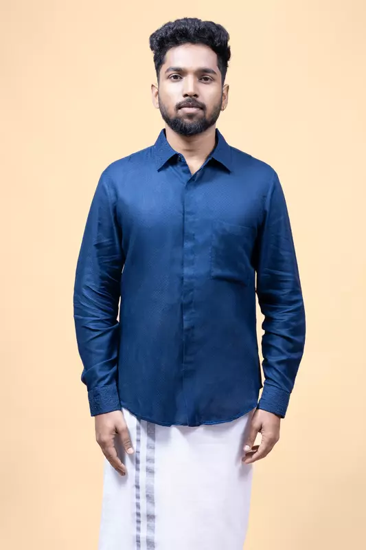 Men's Full Sleeve Embroidered Shirt - Blue