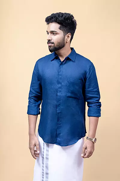 Men's Full Sleeve Embroidered Shirt - Blue