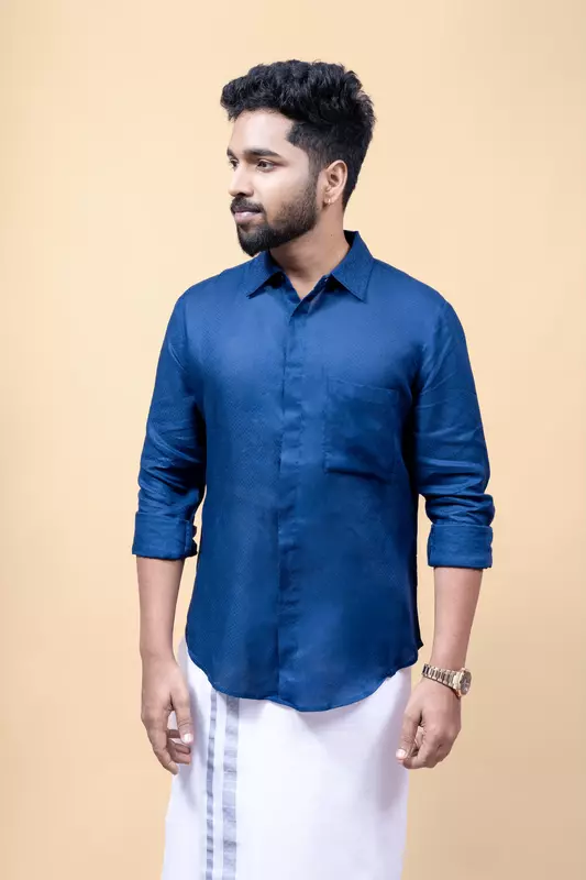 Men's Full Sleeve Embroidered Shirt - Blue