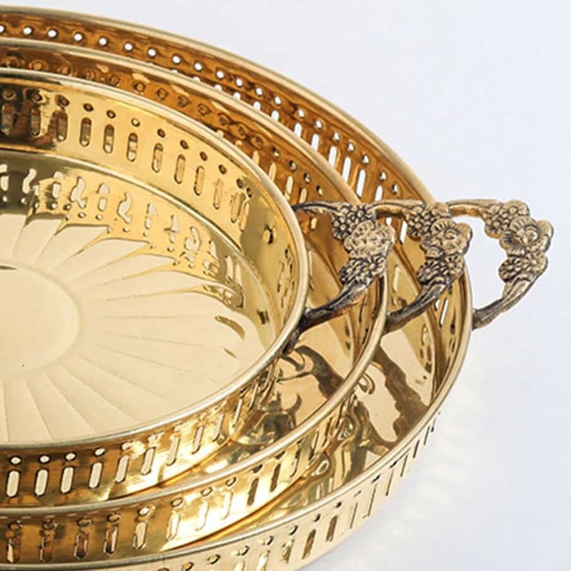 Elegant Brass Moroccan Tray Pooja Thali with Handles | A Beautiful Addition to Your Home Decor