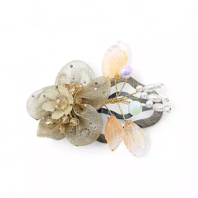 Elegant Brown Floral Beaded Organza Snap Clip