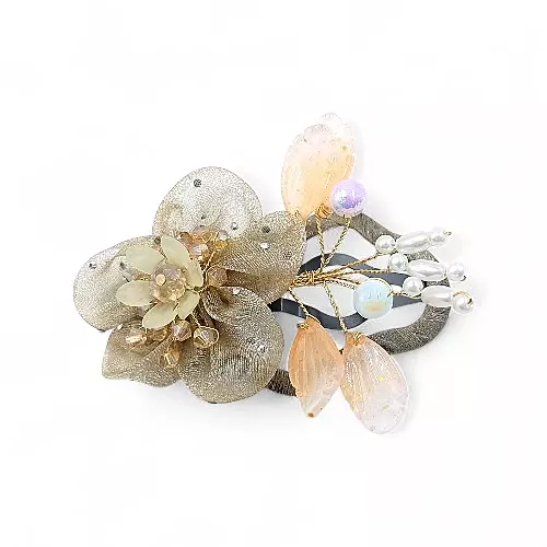 Elegant Brown Floral Beaded Organza Snap Clip