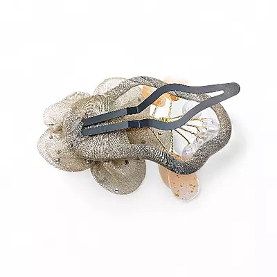 Elegant Brown Floral Beaded Organza Snap Clip