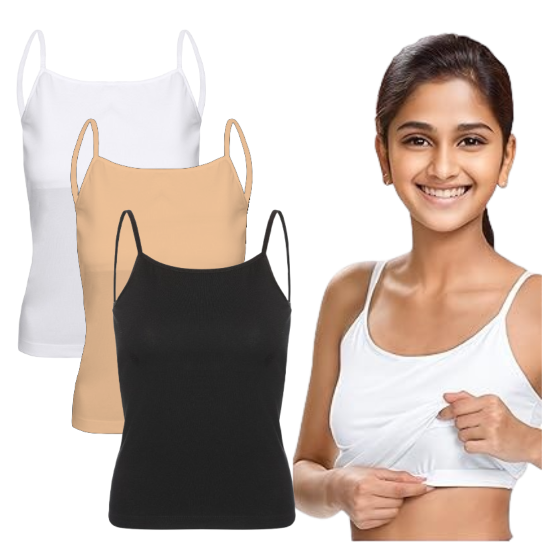 Padded Tank Top For Teens | Flat Padding Covers Nipple Buds | Perfect To Wear Under School Uniform (pack of 3)